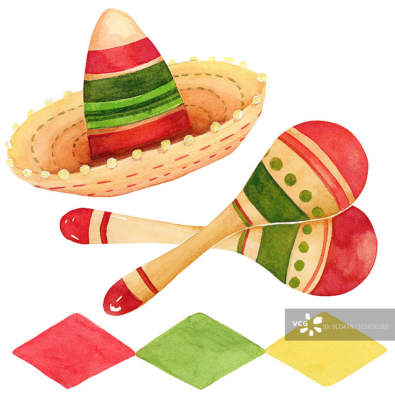 水彩宽边帽和沙槌为Cinco de mayo墨西哥假日装饰。传统墨西哥设计元素图片素材