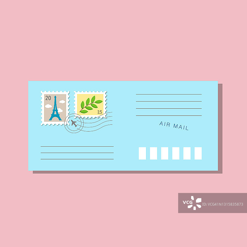 带邮戳和邮票的蓝色长型信封图片素材