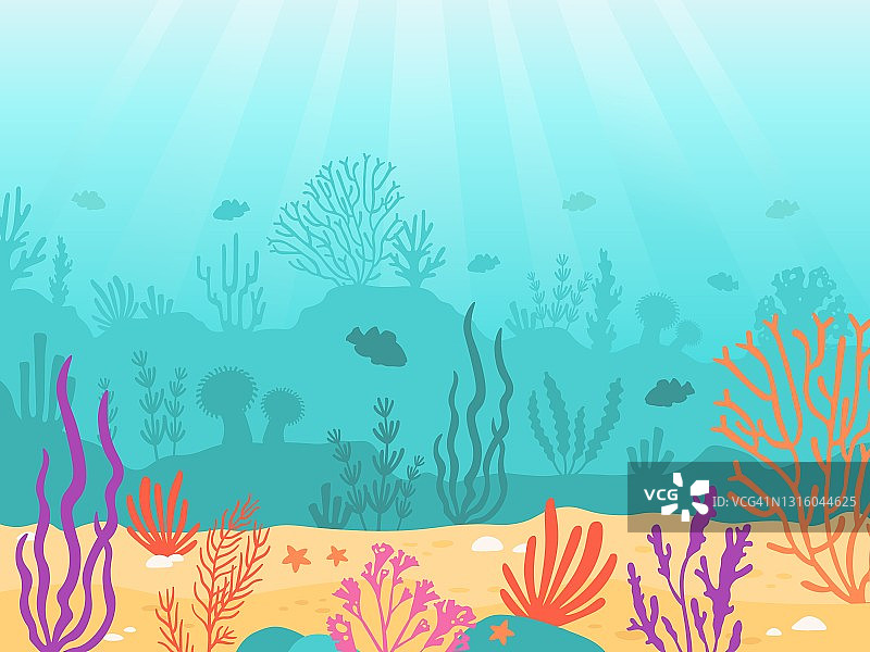 水下的背景。卡通海景与珊瑚礁，沙子，海藻和鱼。海底景象，深海海洋矢量景观图片素材