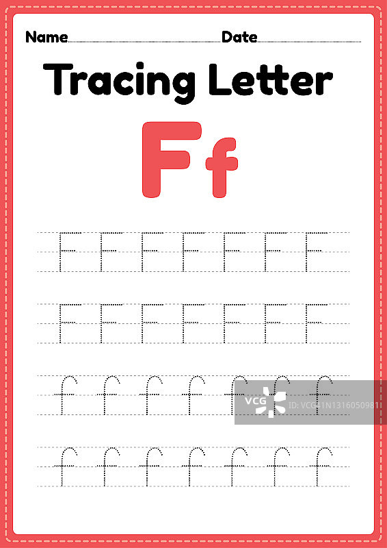 为幼儿园和学前班的孩子追踪字母f的字母表工作表图片素材