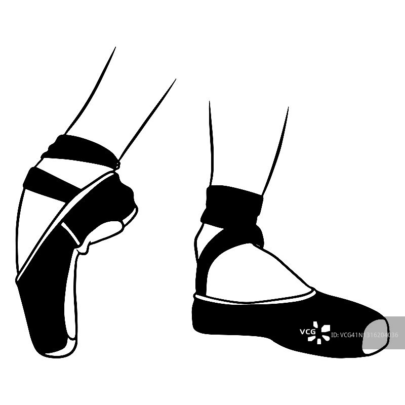 芭蕾舞。芭蕾舞鞋穿在脚上。轮廓。图片素材