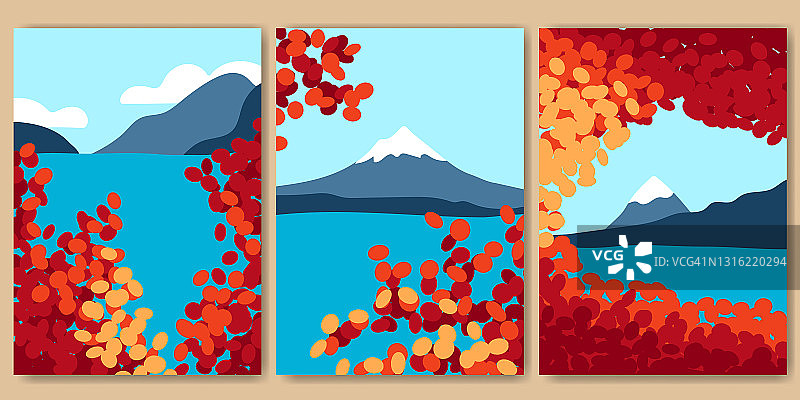 秋天的风景有山，湖和树叶图片素材