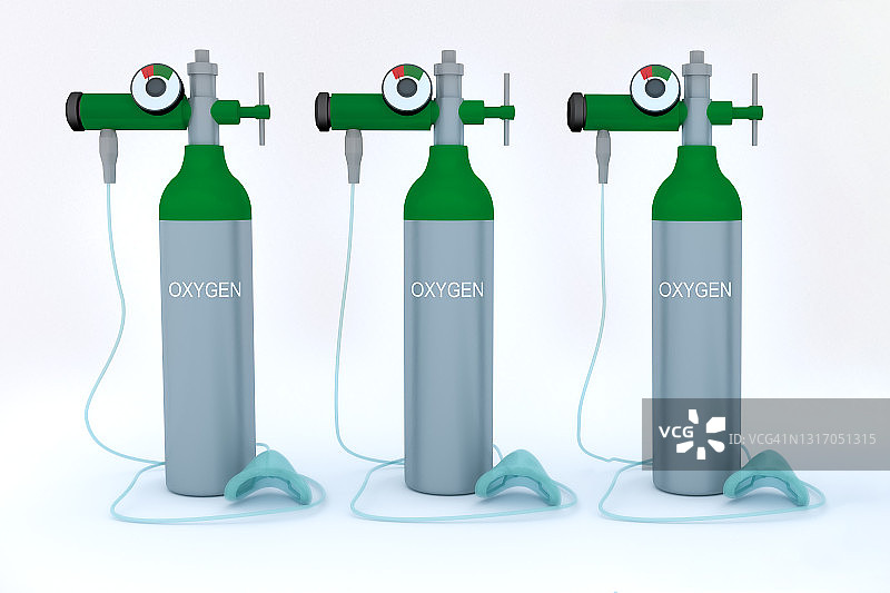 氧气瓶保持在一行，3D渲染插图计算机生成的图像。图片素材