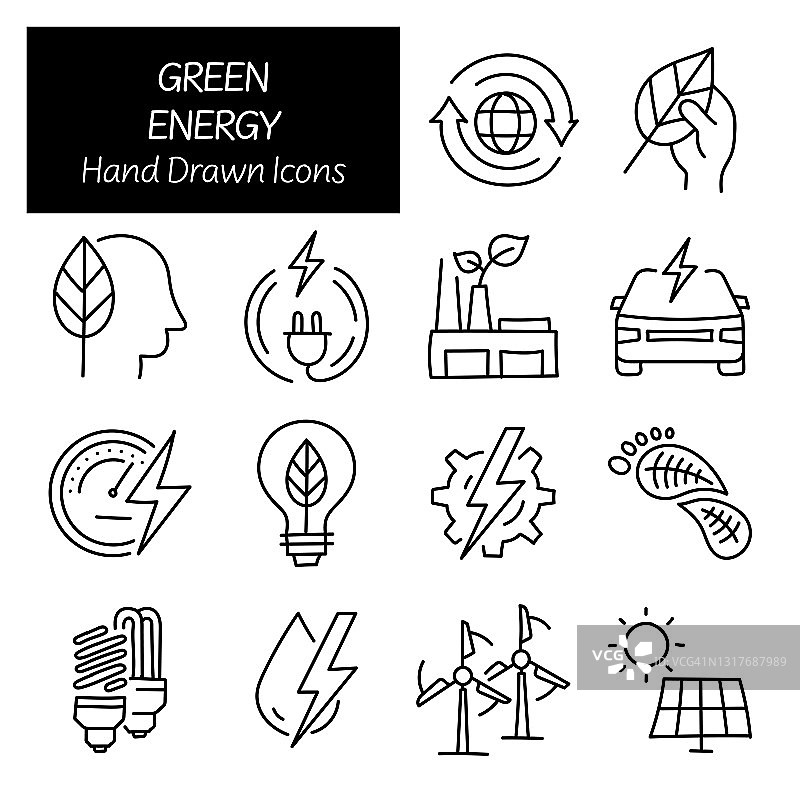 绿色能源相关手绘图标，涂鸦元素矢量插图图片素材