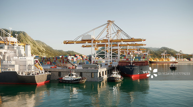 在商业码头的大型货船的3D渲染图片素材