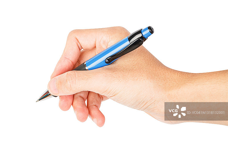 手握蓝色笔显示书写手势孤立在白色背景，剪切路径图片素材