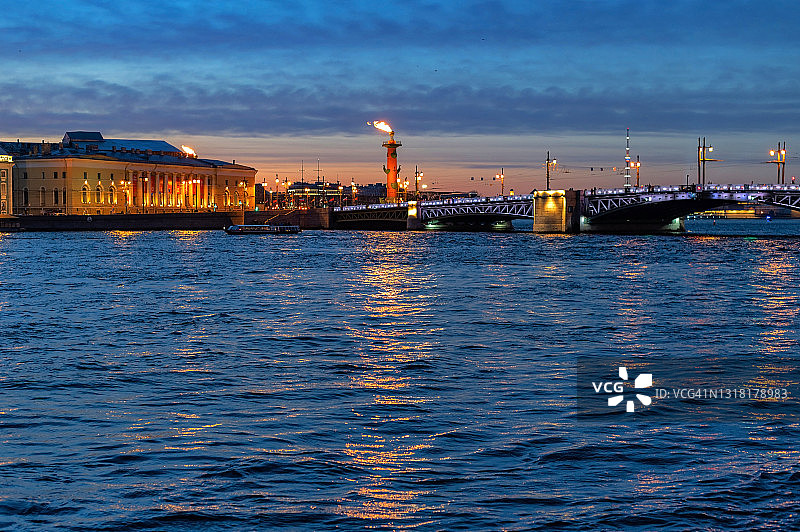 圣彼得堡的历史中心，在美丽的日落背景下点燃了玫瑰柱图片素材