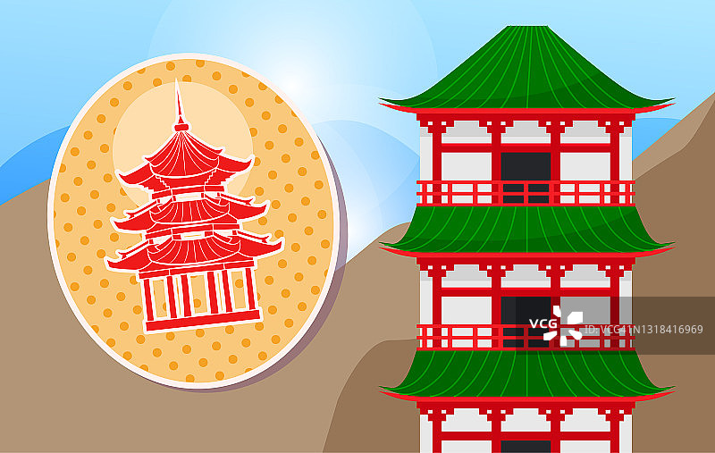 日本房子矢量插图。日本传统建筑的建筑在山上图片素材