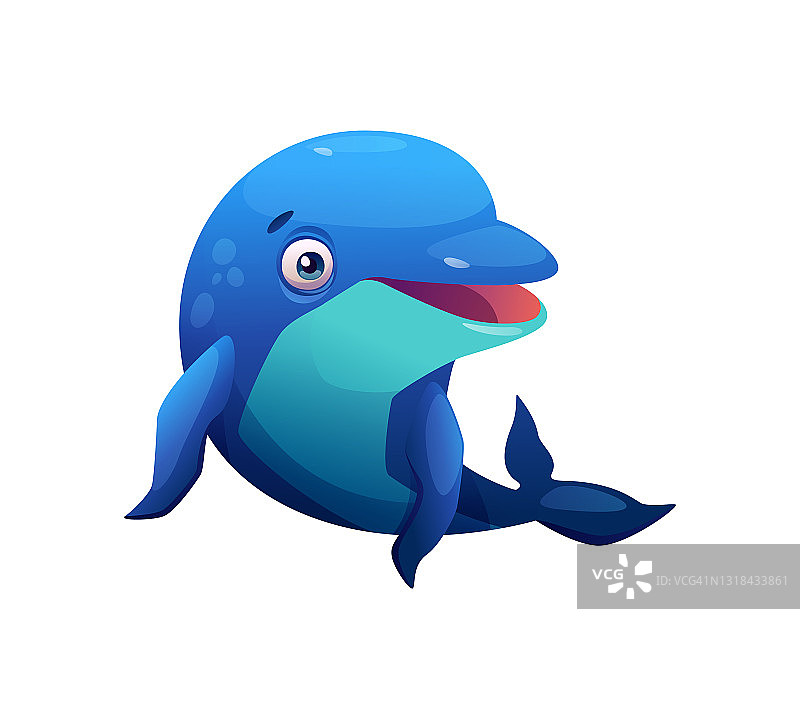 海豚蓝色卡通动物孤立的海洋野生动物鱼孤立在白色。矢量跳跃或跳跃海底水生生物插图，好玩的宽吻海豚，幼稚的孩子玩具图片素材