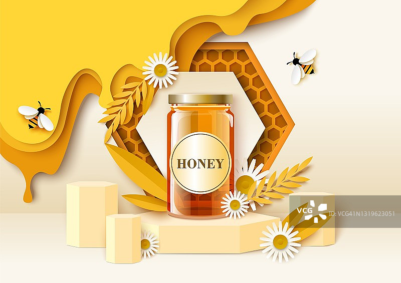 讲台上的蜂蜜玻璃罐模型，剪纸蜜蜂，花朵，蜂巢。天然糖浆有机产品广告，矢量。图片素材