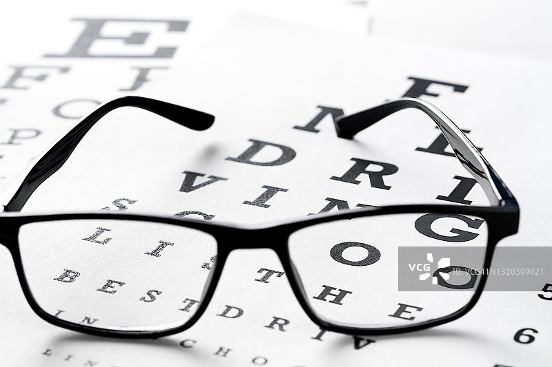 透明黑色现代时尚眼镜斯奈伦视力测试表。眼科、视力测试、眼病治疗和预防。视力差，失明，去看眼科医生。图片素材