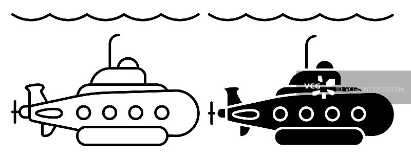 科学的深海潜水器，潜艇图标。水下研究。简单的黑白矢量图片素材