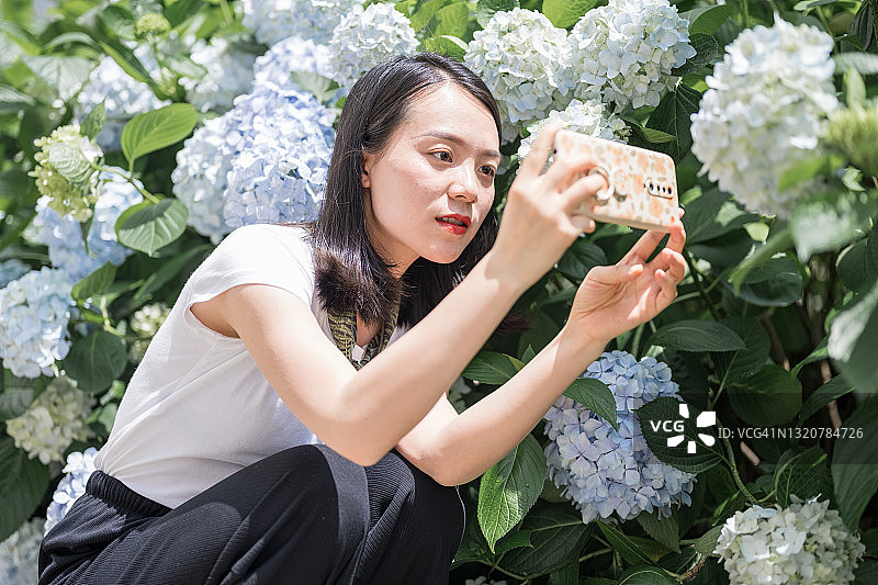 一位年轻的亚洲女子正在用手机拍花图片素材