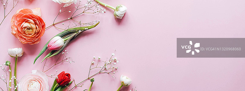 粉红色的背景与各种美丽的花。图片素材
