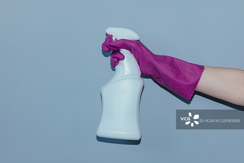 女性手握紫色橡胶手套，手持白色喷雾瓶图片素材
