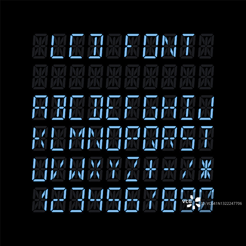 逼真的发光14段字体与字母和数字的液晶显示在黑色的背景。矢量图图片素材