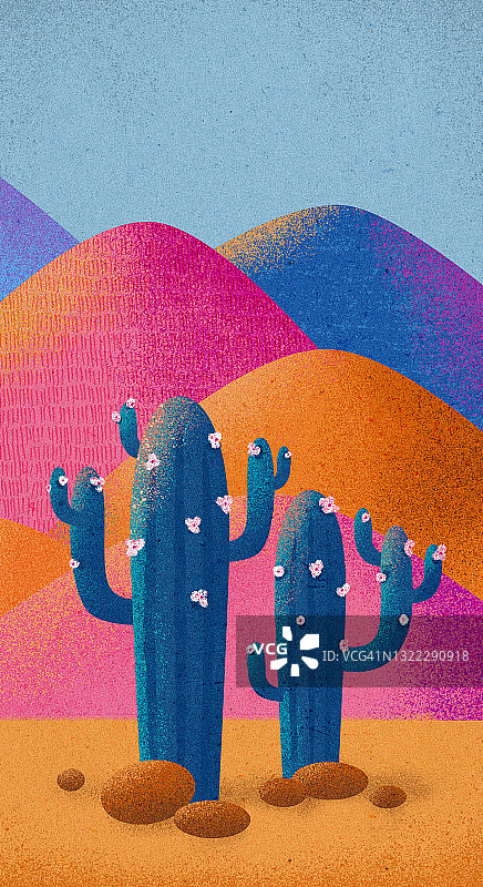 插图充满活力的田园诗般的沙漠景观与仙人掌。多色纹理艺术图片素材