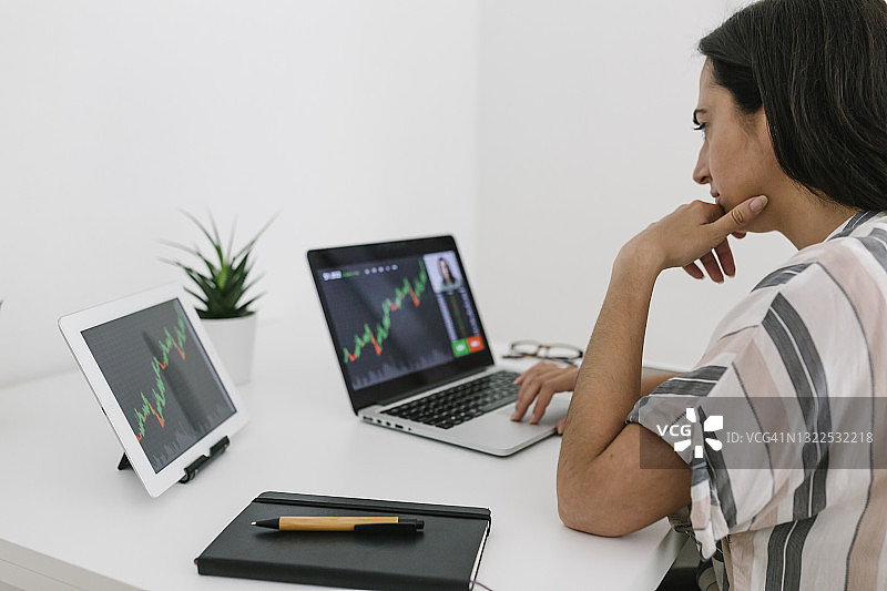 年轻的女投资者在家办公，用笔记本电脑分析股市图表。图片素材