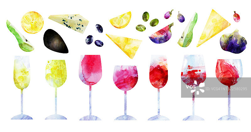 水彩抽象的红和白葡萄酒杯和零食插图图片素材