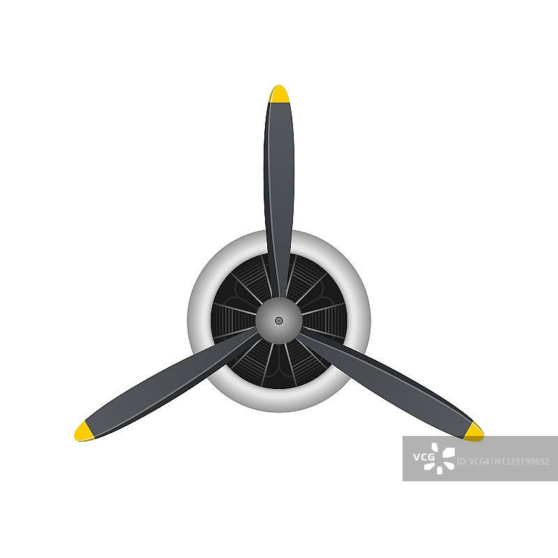 飞机叶片螺旋桨隔离在白色背景。老式飞机螺旋桨与径向发动机。涡轮图标，风扇叶片，风机，设备发电机。矢量图图片素材
