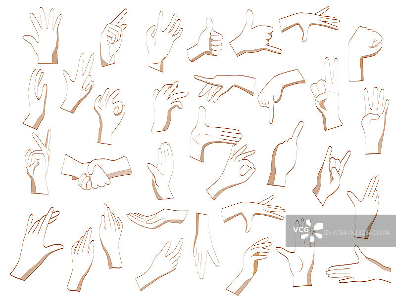 平坦的手势。双手平放在白色背景上的不同位置。指手划脚，手势交流语言，掌心手势指定。矢量插图。图片素材