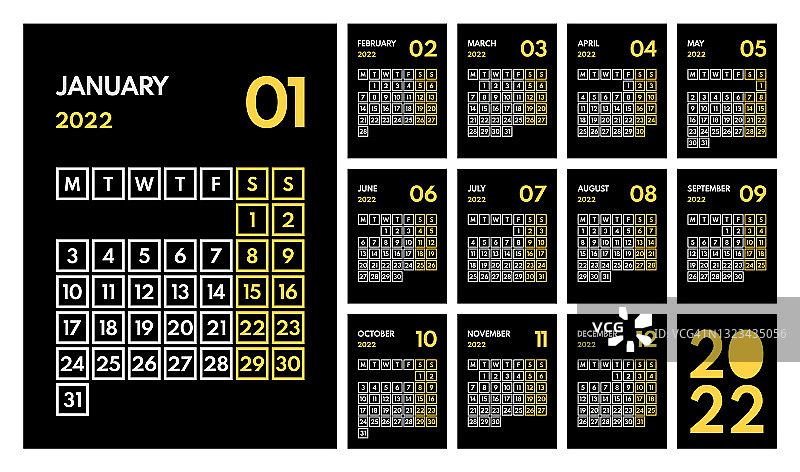 2022年全年月度办公室日历，周一开始一周，两个黄色周末，黑色背景图片素材