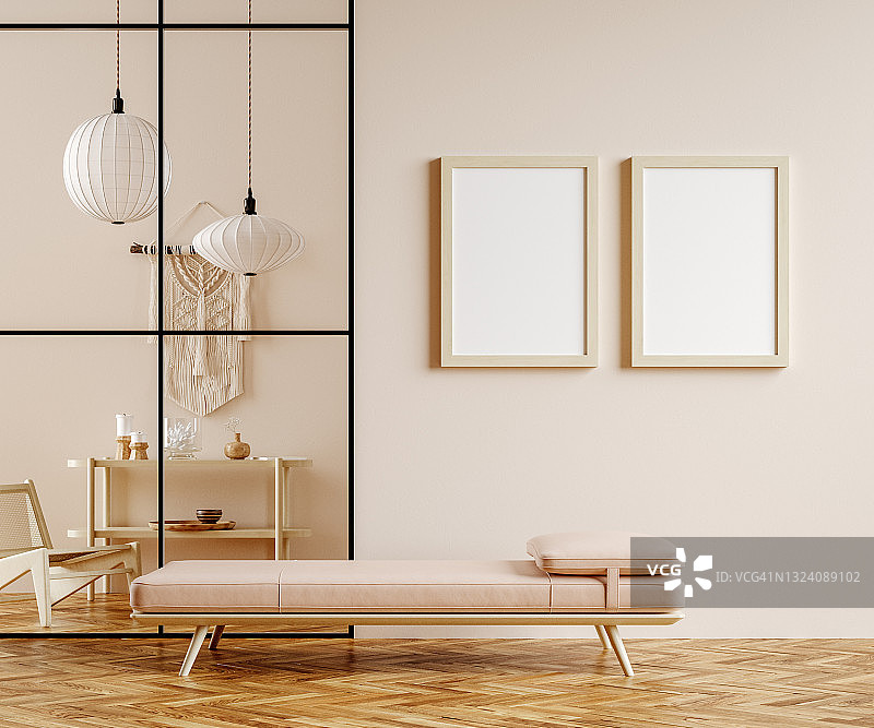 极简主义的波西米亚家庭内部模型，客厅在柔和的颜色图片素材