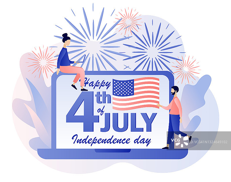 7月4日快乐-笔记本电脑屏幕上的文字。7月4日。小人庆祝美国独立日。现代平面卡通风格。矢量插图上的白色背景图片素材
