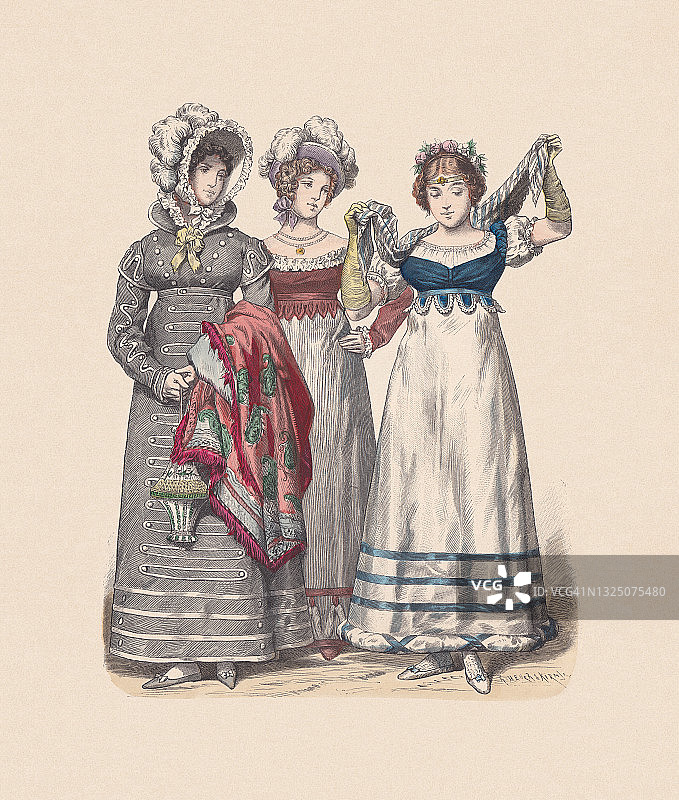 德国的服装;《女装时尚》(1818年)，手工彩绘木雕，c:1880年出版图片素材