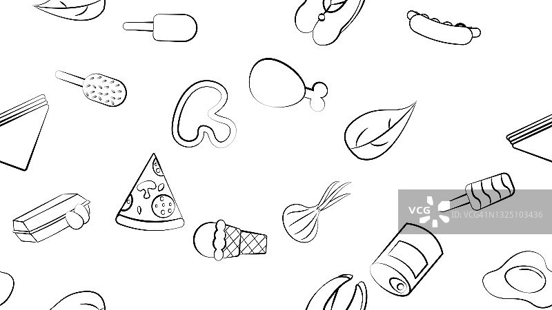 黑白无尽无缝图案的食品和零食项目图标设置为餐厅酒吧咖啡厅:热狗，三明治，披萨，冰淇淋，鸡蛋，鱼。背景图片素材