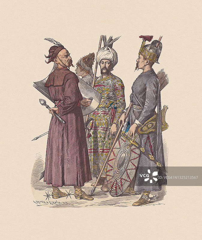 17 /18世纪，土耳其服饰，手工着色木刻，大约出版于1880年图片素材