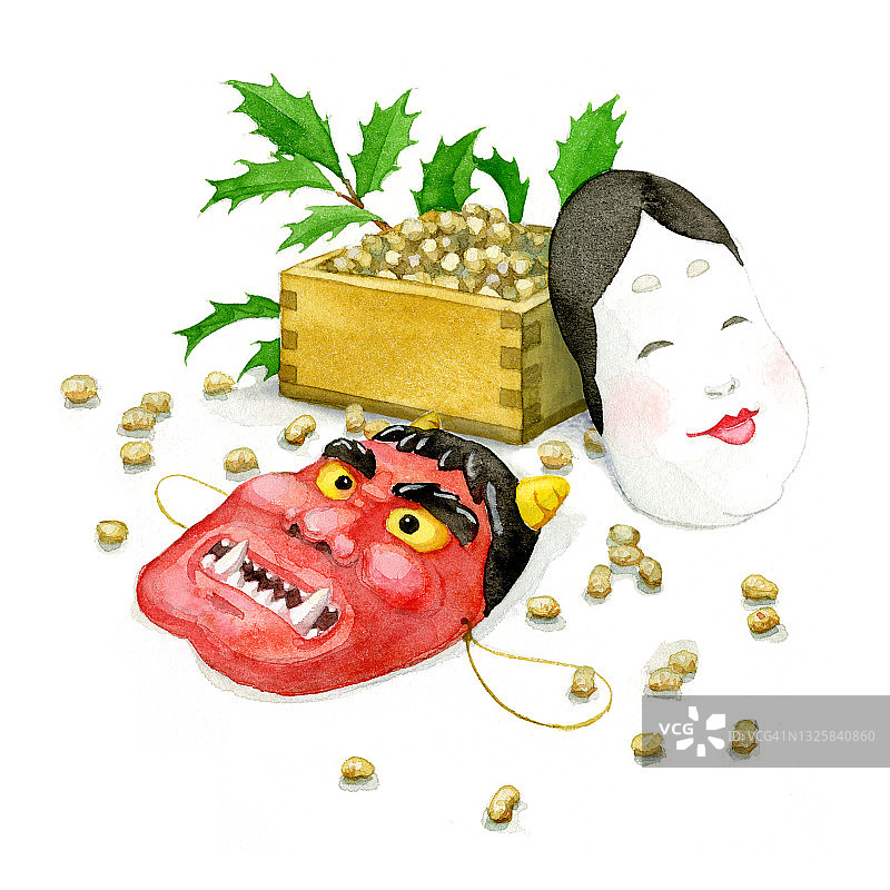 日本传统节日节子(Setsubun)上的大豆和一套恶魔和大豆面具图片素材