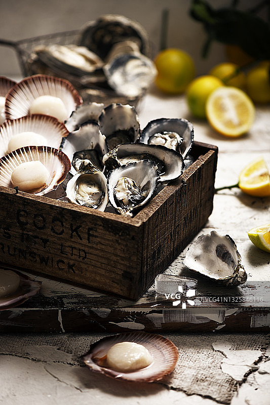 新鲜的生牡蛎和扇贝放在木板上，配上柠檬图片素材