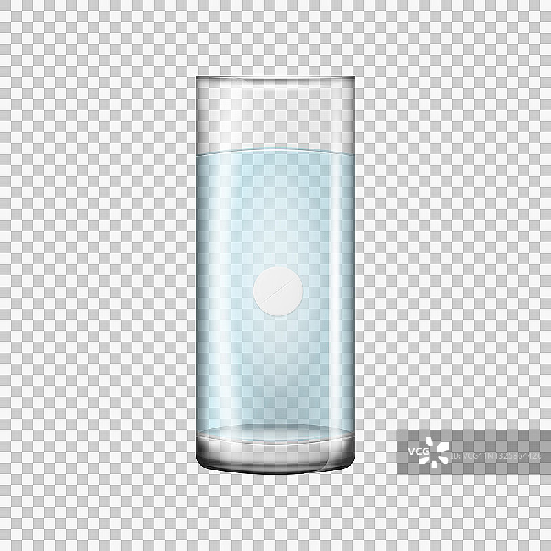 一杯水里放一片泡腾片。矢量插图孤立在白色背景。图片素材
