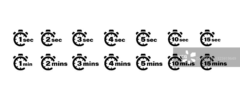 计时器向量图标设置。1、2、3、4、5、10和15秒和分的秒表符号。矢量插图EPS 10图片素材