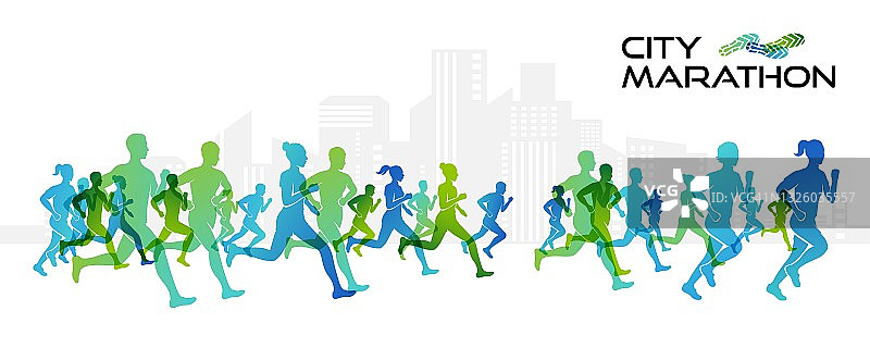 跑步的人的彩色剪影。马拉松的概念矢量图。运动背景，男性和女性积极的生活方式。图片素材