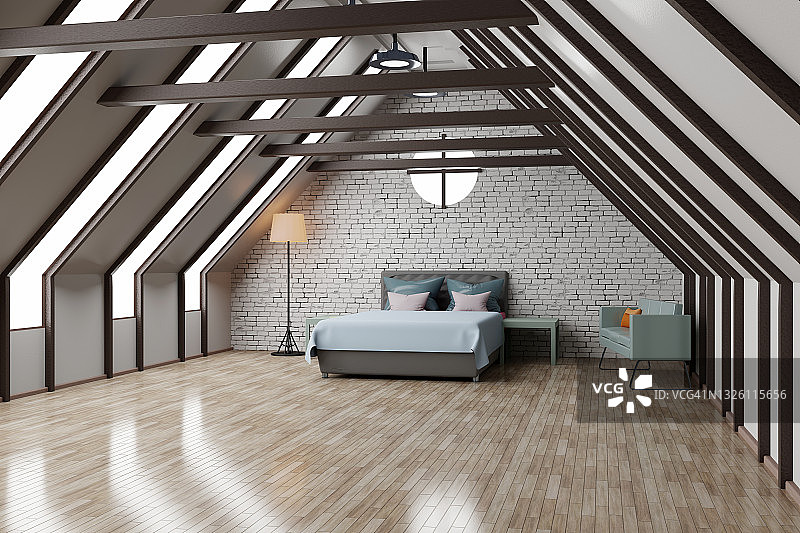 阁楼卧室的三维渲染与闪亮的木地板图片素材