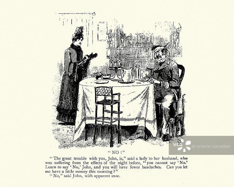 维多利亚时代的卡通，妻子斥责丈夫宿醉未醒，19世纪的幽默图片素材