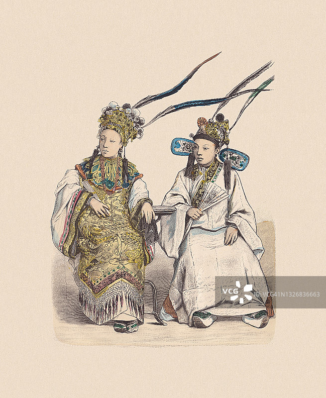 19世纪，中国服饰，手工着色木刻，大约出版于1880年图片素材