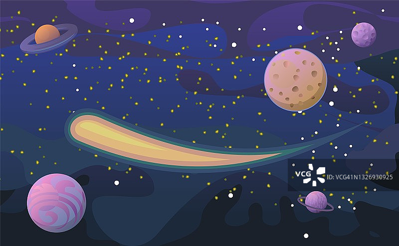 宇宙背景。星空的风景。行星及其卫星。一个明亮的彗星。平的风格。卡通设计。向量图片素材
