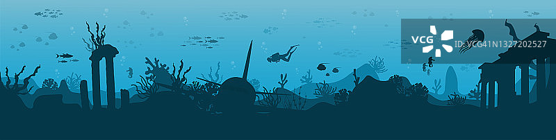 珊瑚礁剪影与鱼和潜水员在蓝色的海洋背景。图片素材