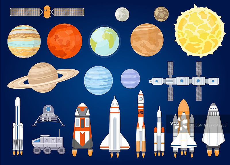 空间元素。太阳系的行星，太阳，宇宙飞船，火箭，卫星，火星和月球车。宇宙探索。卡通宇宙向量集图片素材