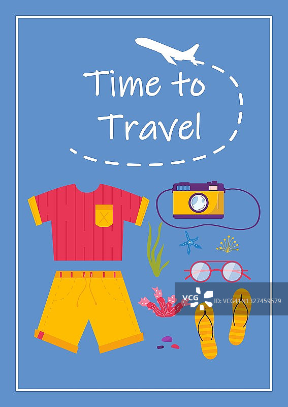 有文字的海报旅行时间和探险旅游的东西。旅行装饰设计用贝壳、衣服、配饰、鞋子。平面卡通现代矢量。图片素材