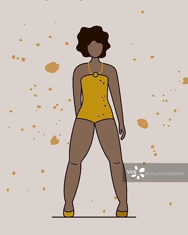 一个身穿黄色泳装的胖非洲女人双手叉腰站着。图片素材
