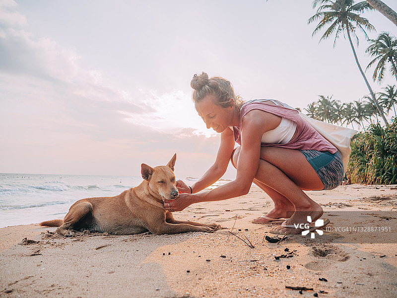 日落时分，一名年轻女子在热带海滩上和狗狗玩耍图片素材