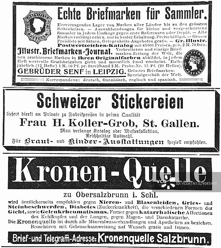1897年的一本德国杂志上刊登了三则广告:邮票，刺绣，矿泉水图片素材