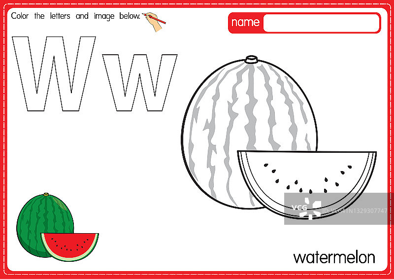 矢量插图的儿童字母着色书页与概述剪贴画，以颜色。字母W代表西瓜。图片素材