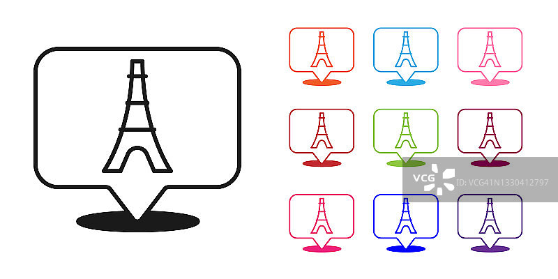 黑色埃菲尔铁塔图标孤立在白色背景。法国巴黎的地标标志。设置图标丰富多彩。向量图片素材