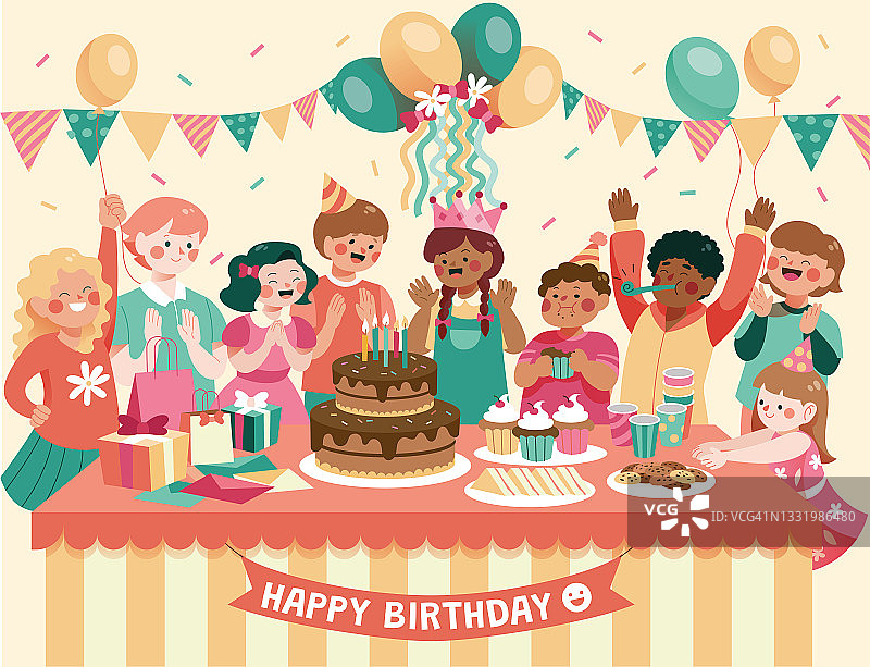 孩子的生日派对插图。庆祝和吃一个大巧克力蛋糕。图片素材