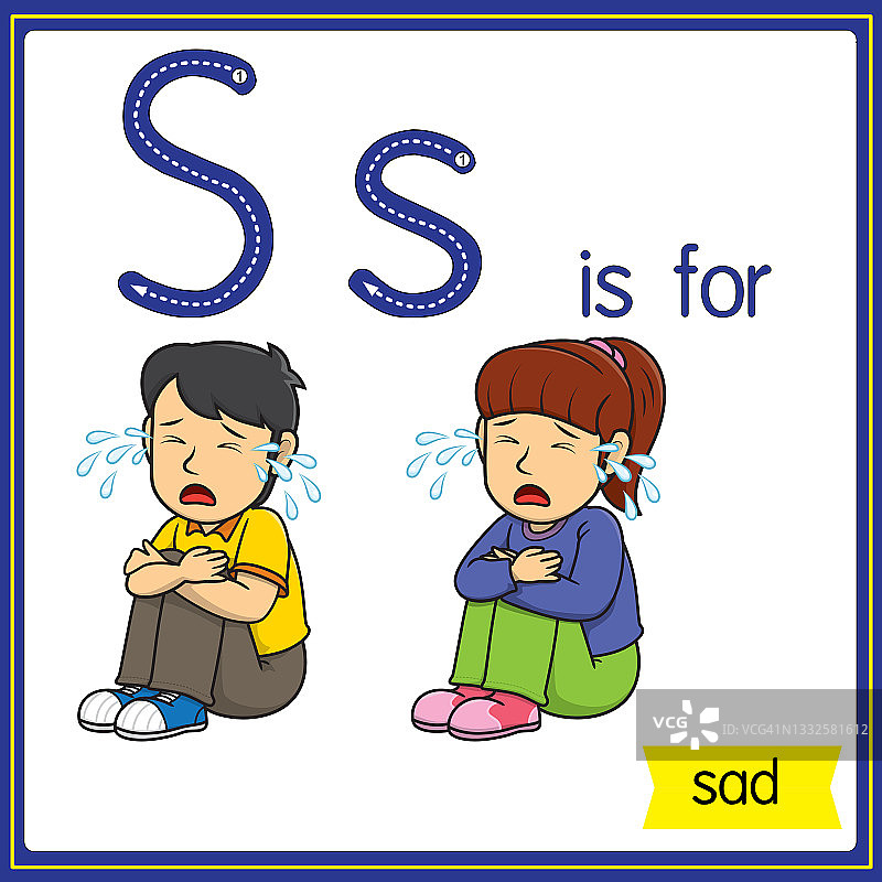 矢量插图学习字母为儿童与卡通形象。字母S代表悲伤。图片素材